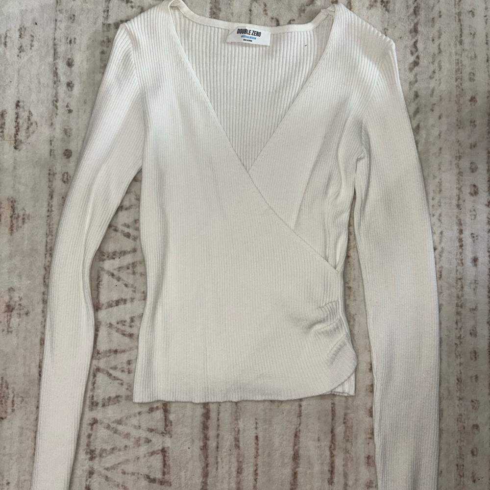 White Ribbed Long Sleeve Wrap Top